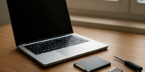 SSD dan heatsink di samping laptop yang terbuka di atas meja kayu