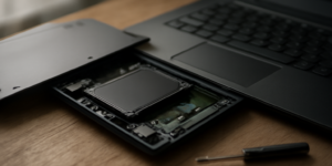 Laptop terbuka dengan SSD terpasang di slot M.2 dan obeng kecil di sampingnya