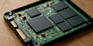 Komponen SSD terbuka memperlihatkan chip DRAM dan NAND flash