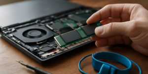 SSD M.2 NVMe sedang diperiksa di meja kerja untuk mengecek kondisi kesehatannya