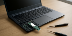 Pemasangan SSD M.2 ke dalam slot sempit pada laptop tipis yang dibuka penutup bawahnya