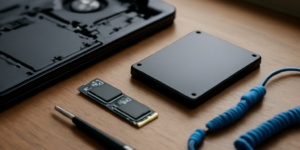 Dua jenis SSD, M.2 dan 2,5 inci, di atas meja kayu bersama obeng untuk upgrade laptop lama