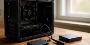 SSD yang terhubung ke kabel SATA di atas meja kerja untuk proses kloning dari HDD