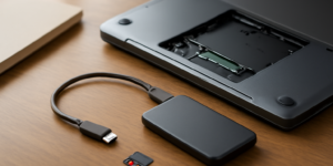 Laptop terbuka memperlihatkan slot M.2 kosong dan drive eksternal untuk menambah kapasitas penyimpanan