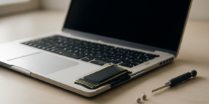 Laptop terbuka dengan SSD M.2 yang sedang dipasang ke slot di motherboard