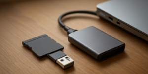 Tiga perangkat penyimpanan portabel yaitu microSD, flashdisk, dan SSD eksternal di atas meja kayu