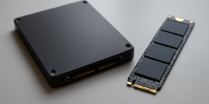 Dua jenis SSD, SATA berbentuk kotak dan NVMe berbentuk batang M.2, di atas meja